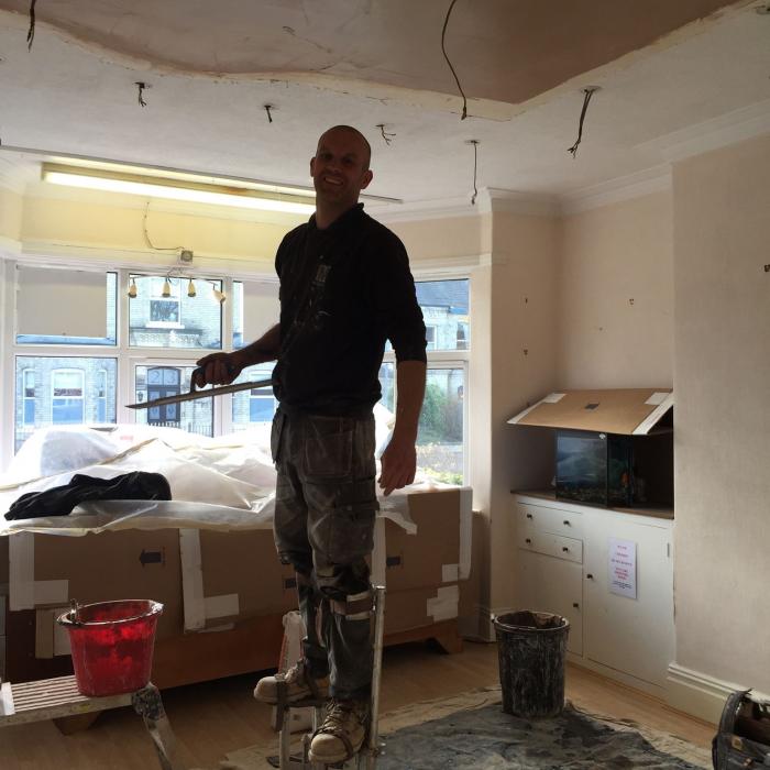 Our top plaster Steve undertaking repairs to this traditionally plastered lath and lime ceiling.&nbsp;Our staff aren't just remedial technicians, they're top tradesmen too!&nbsp;